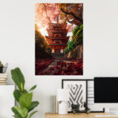 Poster Autumn Maple Pagoda Temple Staircase Glow (Bureau à domicile)