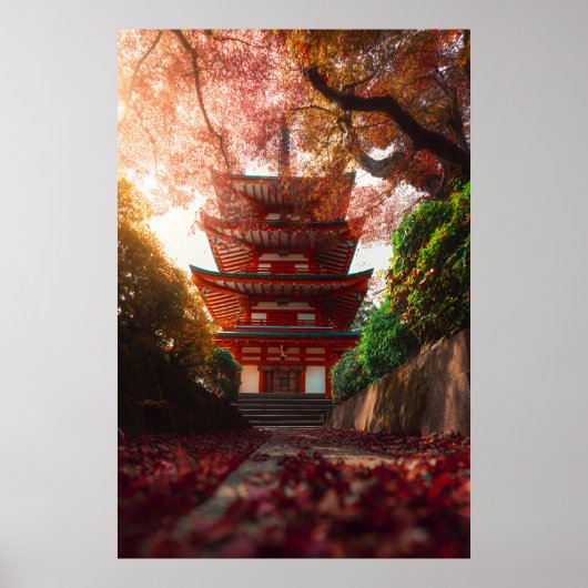 Poster Autumn Maple Pagoda Temple Staircase Glow (Devant)