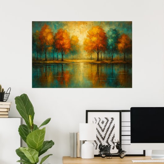 Poster Autumn Radiance Teal Reflections and Golden Light (Bureau à domicile)