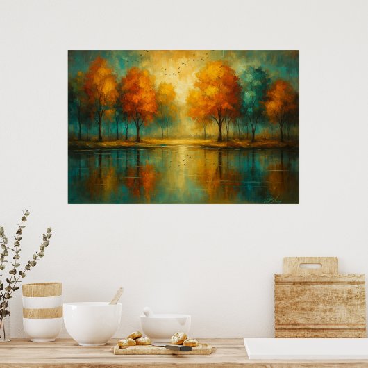 Poster Autumn Radiance Teal Reflections and Golden Light (Cuisine)