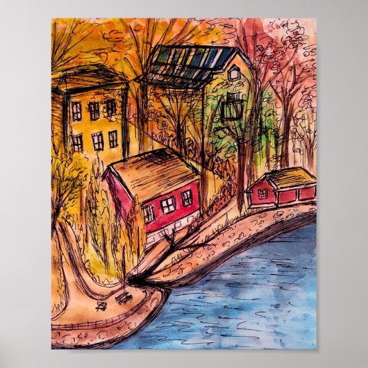 Poster Autumn Riverside Art - Cosy Automne Illustration (Devant)