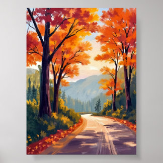Poster Autumn Road | Watercolor Fall Foliage Leaves
