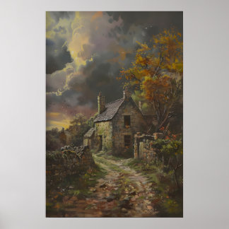 Poster Autumn Stone Cottage Art, Rustic Cottagecore Decor