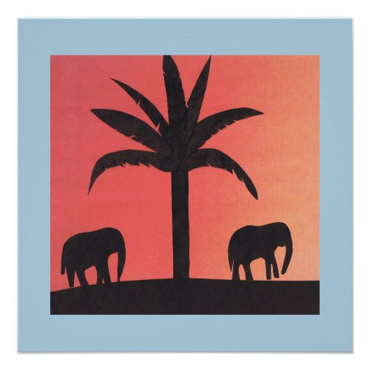 Poster avec des silhouettes d'éléphants et un palm (Devant)