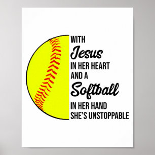 Poster Avec Jésus dans son cœur et un softball elle est i