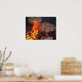 Poster avec viande barbecue hamburgers et feu flam (Cuisine)