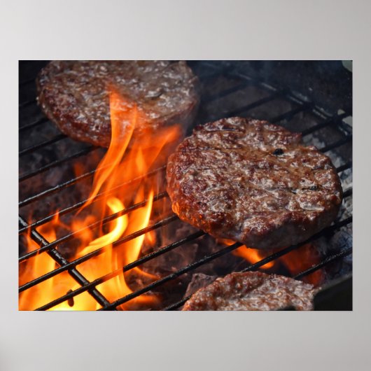 Poster avec viande barbecue hamburgers et feu flam (Devant)