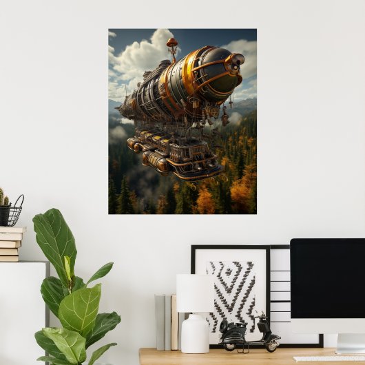 Poster Aventure automnale Steampunk Zeppelin sur la forêt (Bureau à domicile)