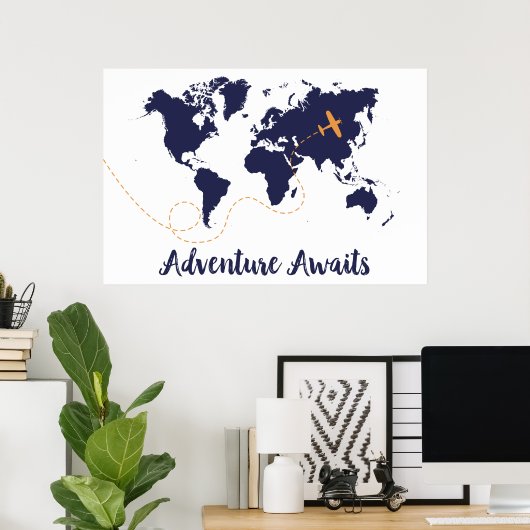 Poster Aventure Await, Avion Print, World Map Print (Bureau à domicile)