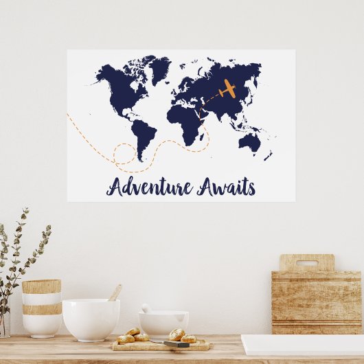 Poster Aventure Await, Avion Print, World Map Print (Cuisine)