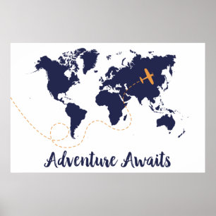 Poster Aventure Await, Avion Print, World Map Print