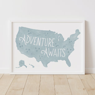 Poster Aventure Bleue Nous Attend Carte États-Unis Décora