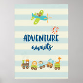 Poster Aventure en train jouet animal et avion attend (Devant)