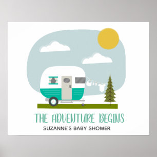 Poster Aventure Turquoise Retro Camper Girl Baby shower