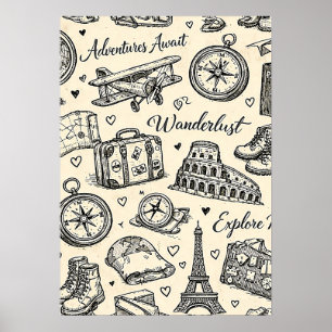 Poster Aventures de voyage vintage motif sans couture