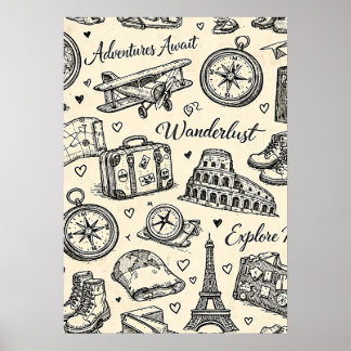 Poster Aventures de voyage vintage motif sans couture