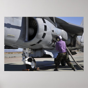 Poster Aviation fuel technician attaches a fuel line