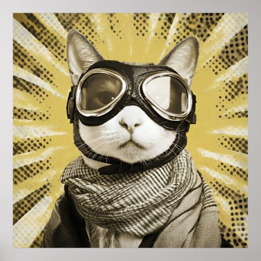 Poster Aviator Cat Goggles Sunburst Portrait (Devant)