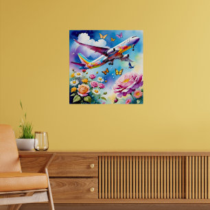 Poster Avion survolant les Roses avec des papillons