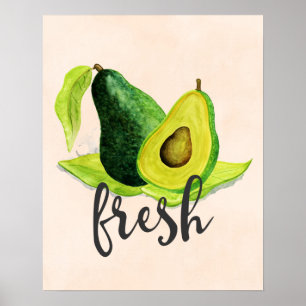 Poster Avocado vert frais Fruit à vie fixe dans l'aquarel