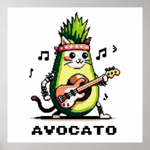 Poster Avocato - Drôle Pixel Art Avocado Cat jouer basse
