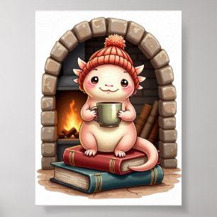 Poster Axolotl Accro au Café Kawaii - Coin Lecture Cozy D