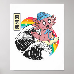 Poster Axolotl de jeu heureux surfant sur la vague de Kan