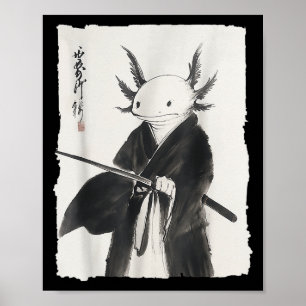 Poster Axolotl Samurai Janpanese Vintage Warrier Art Anim