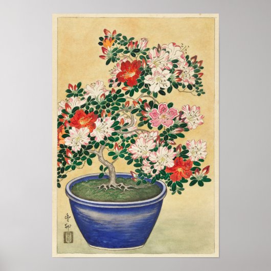 Poster Azalée en fleurs dans un pot bleu par Ohara Koson (Devant)
