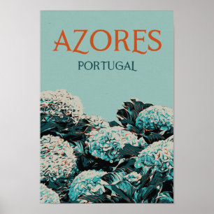Poster Azores hydrangeas illustration Portugal