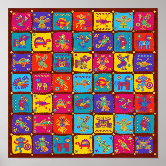 Poster Aztèque coloré Animaux mexicains 1 (Devant)