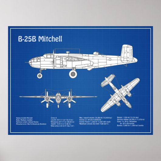 Poster B-25B Mitchell Doolittle - Plan d'avion ABD (Devant)