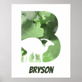 Poster "B" Aquarelle Dinosaure Vert Nom de l'enfant Poste (Devant)