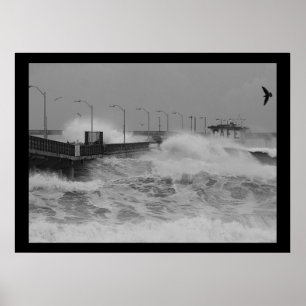 Poster B&W Crash d'une violente vague d'orage océanique