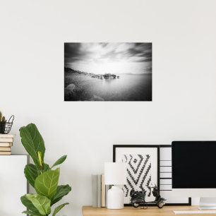 Poster B&W longue exposition d'une plage à Rabac, Croatie