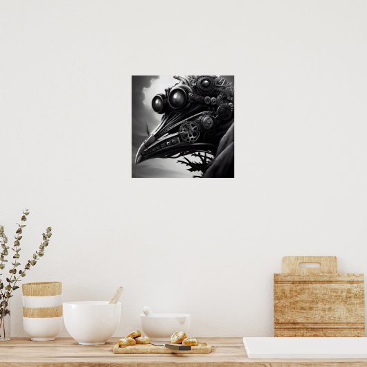 Poster B&W Steampunk Robot Raven (Cuisine)