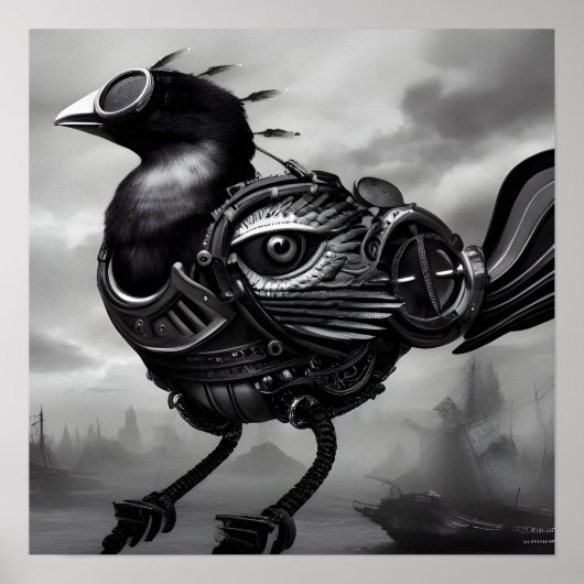 Poster B&W Surreal Steampunk Eye Wing Bird (Devant)