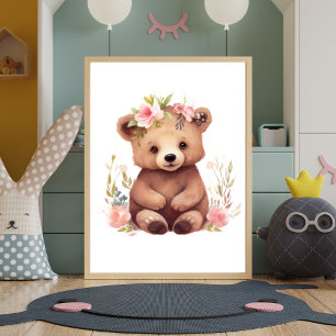 Poster Baby Bear Fleurs roses Aquarelle Pépinière Mur Art