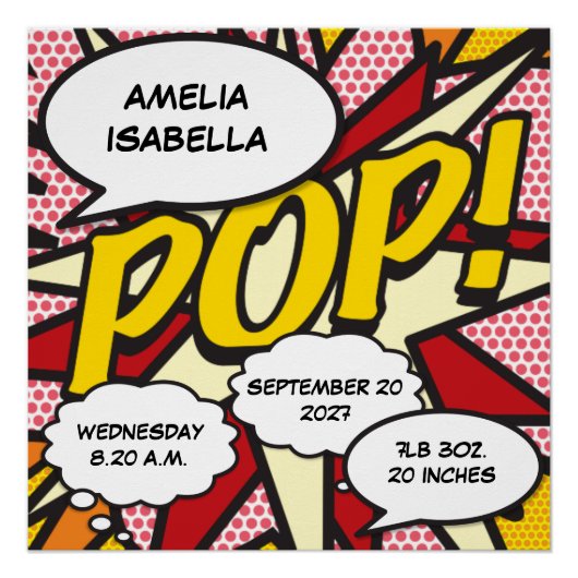 Poster Baby Birth Stats Comic Book Pop Art Keepsaké (Devant)