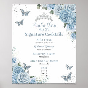 Poster Baby Blue Floral Argent Quinceanera Bar Menu boiss
