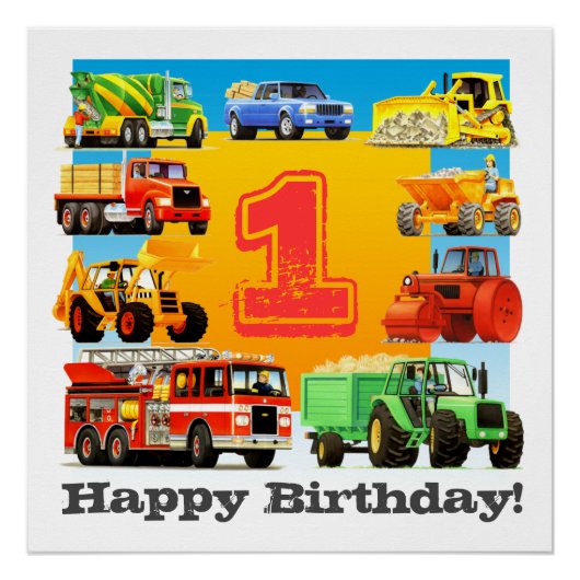 Poster Baby Boy 1er Joyeux Anniversaire Camion de constru (Devant)
