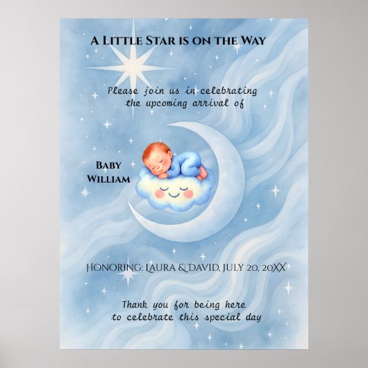 Poster Baby Boy Douche Invitation Lune Étoiles Aquarelle (Devant)
