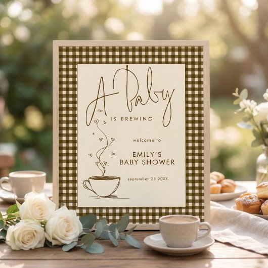 Poster Baby Brewing Coffee Gingham Welcome Baby Shower 