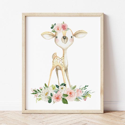Poster Baby Deer, Animaux Boisés, Boho, Fleurs Roses