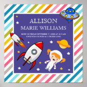 Poster Baby Girl Astronaut Outer Space Rocket Birth Stats (Devant)