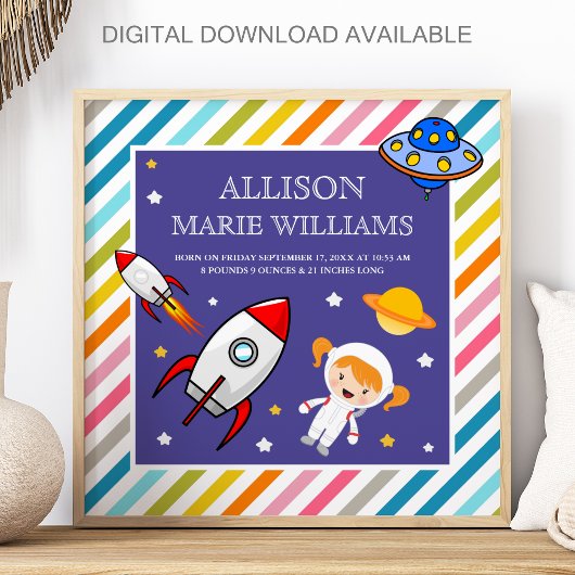 Poster Baby Girl Astronaut Outer Space Rocket Birth Stats