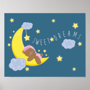 Poster Baby Girl Bear Lune Celestial Stars Nursery Imprim