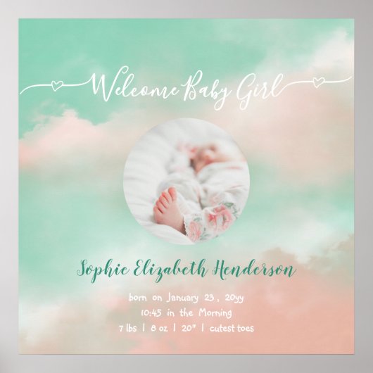 Poster Baby Girl Name Script Birth Stats Nouveau-né Photo (Devant)
