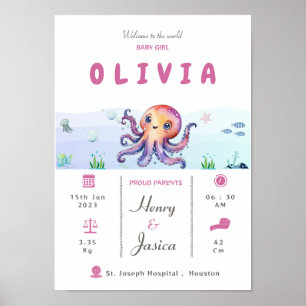Poster Baby Girl statistiques de naissance thème aquatiqu