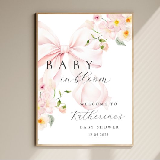 Poster Baby In Bloom Rose Bow Baby shower Bienvenue